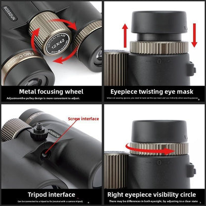 Detailed view of a Valisus Binoculars focusing wheel, eyepiece, tripod interface, and visibility circle with labeled parts.