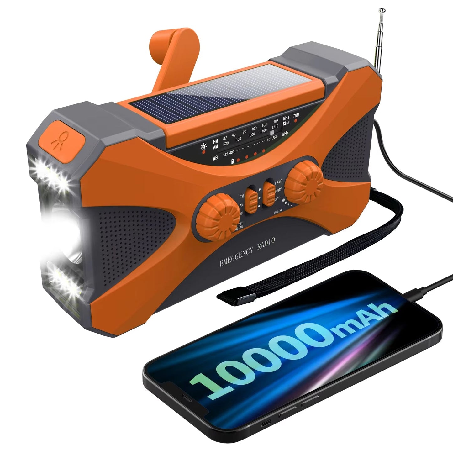 Orange and gray CrisyCom Wind Up Radio with solar panel and phone showing 10000mAh battery capacity.