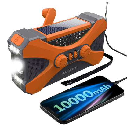 Orange and gray CrisyCom Wind Up Radio with solar panel and phone showing 10000mAh battery capacity.