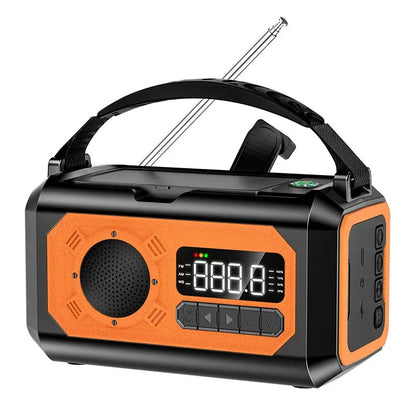 Orange and black EmexRadi Emergency Radio with digital display on a white background