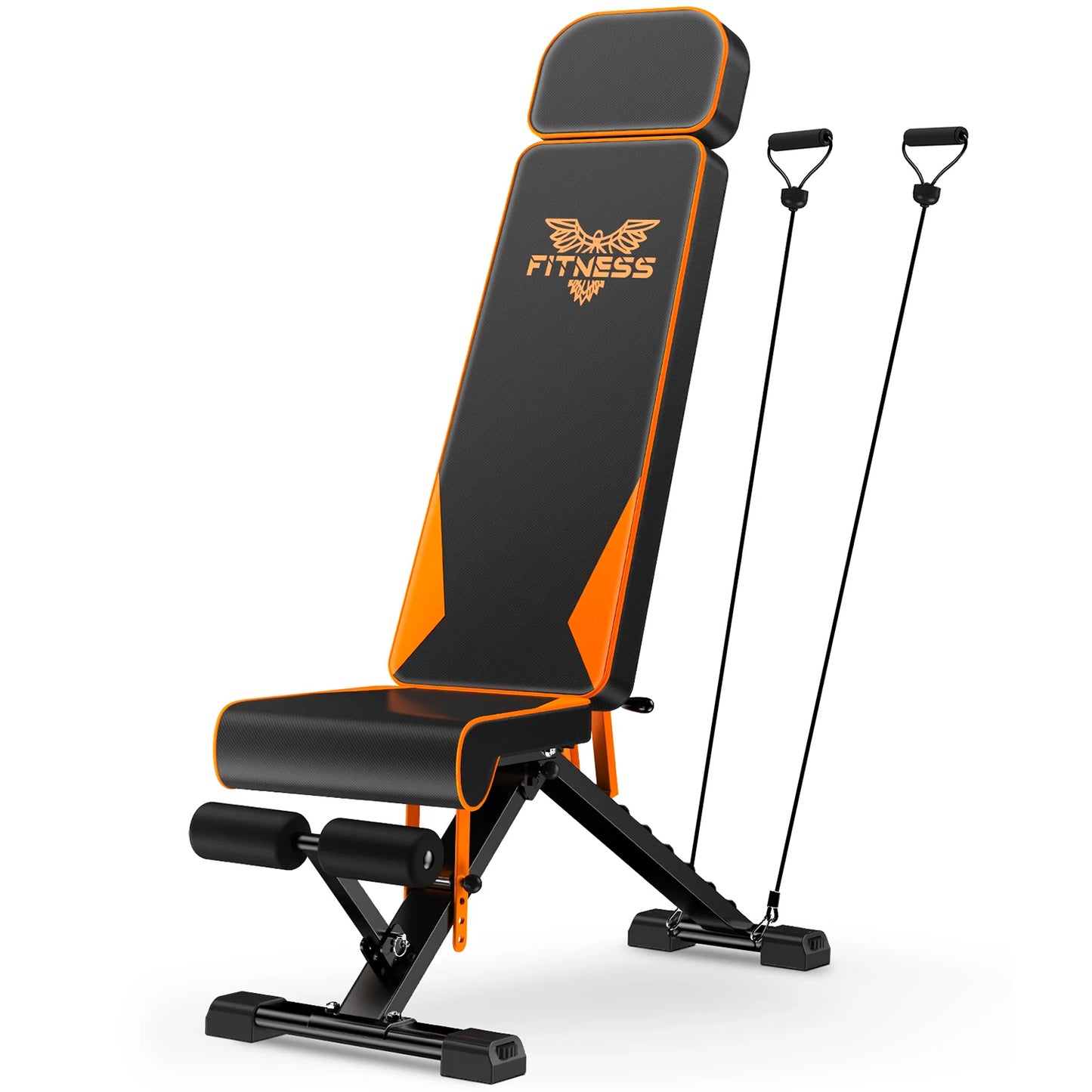 Black and orange adjustable Plianx Adjustable Weight Bench with resistance bands on a white background