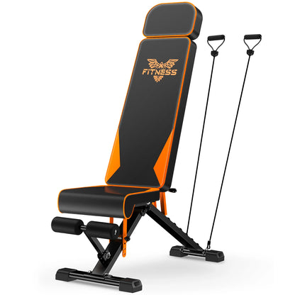 Black and orange adjustable Plianx Adjustable Weight Bench with resistance bands on a white background
