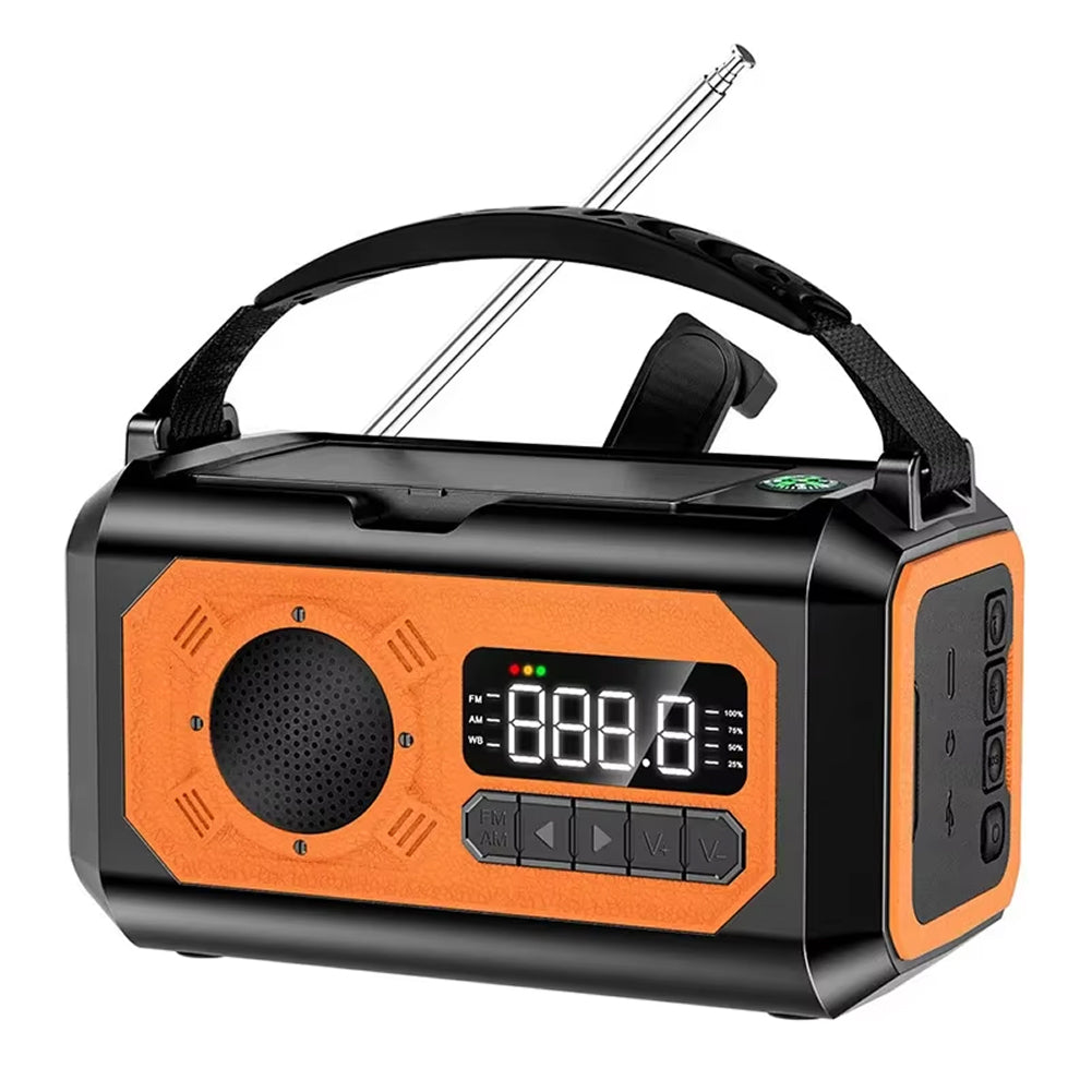 Orange and black Radiflix Wind Up Radio with digital display on a white background