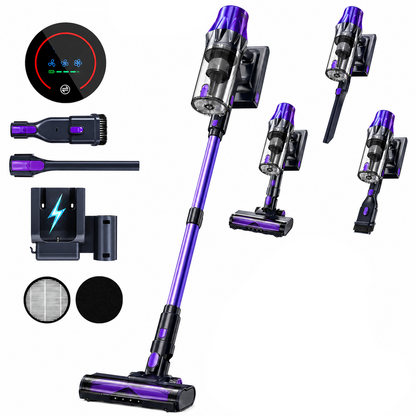 A oryzom v1 ultra set with a purple and black body, shown with multiple angles, accessories, a charging dock, and two pets (a cat and a dog) on a white background.