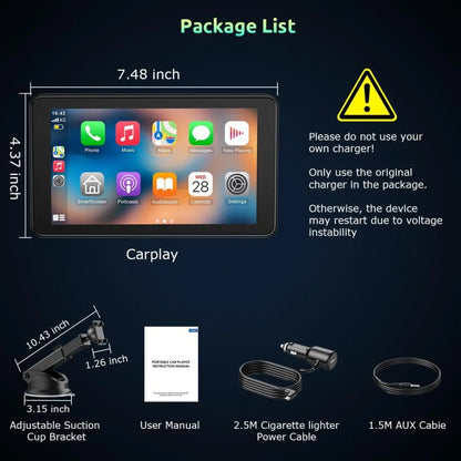 Package list of a car multimedia system with dimensions and components on a dark background.