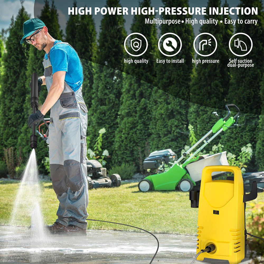Person using a high-power AqaCleany Pressure Washer in a garden setting with text highlighting features.
