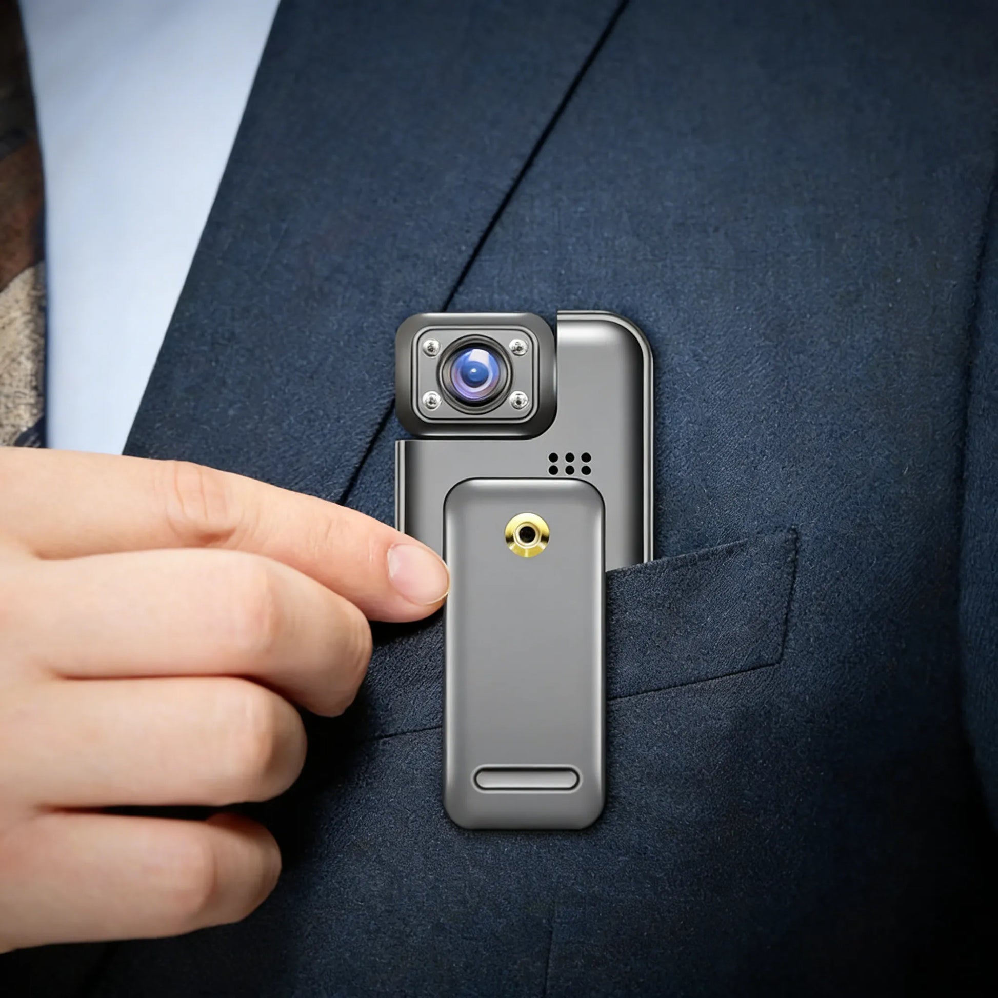 Person inserting a small Geekik Mini Body Camera device into their suit jacket pocket