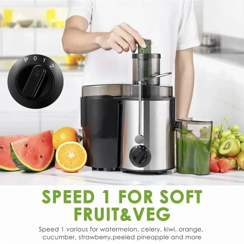 Person using a Juicilox Juicer Machine with fruits and vegetables on a kitchen counter
