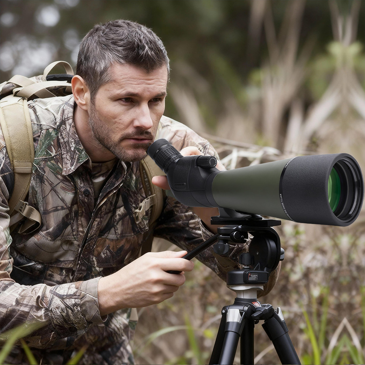 Man in camouflage gear using a Virelta Spotting Scope in a natural setting