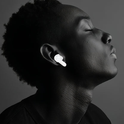 Person wearing Keovy Translator Earbuds with a dark background