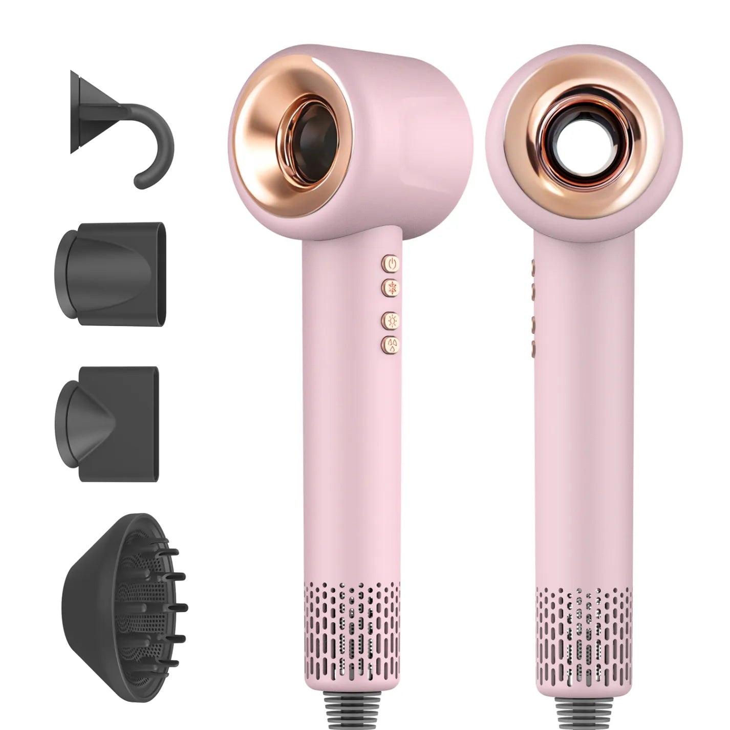 Pink Aeqis Hairdryer with multiple attachments on a white background