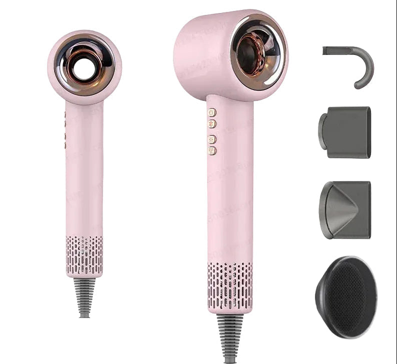 Pink SaharaCurl Smart Ionic Hair Dryer with multiple attachments on a white background