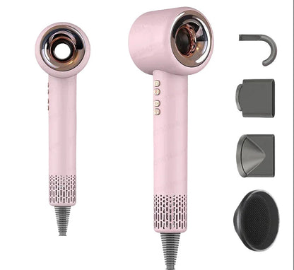 Pink SaharaCurl Smart Ionic Hair Dryer with multiple attachments on a white background