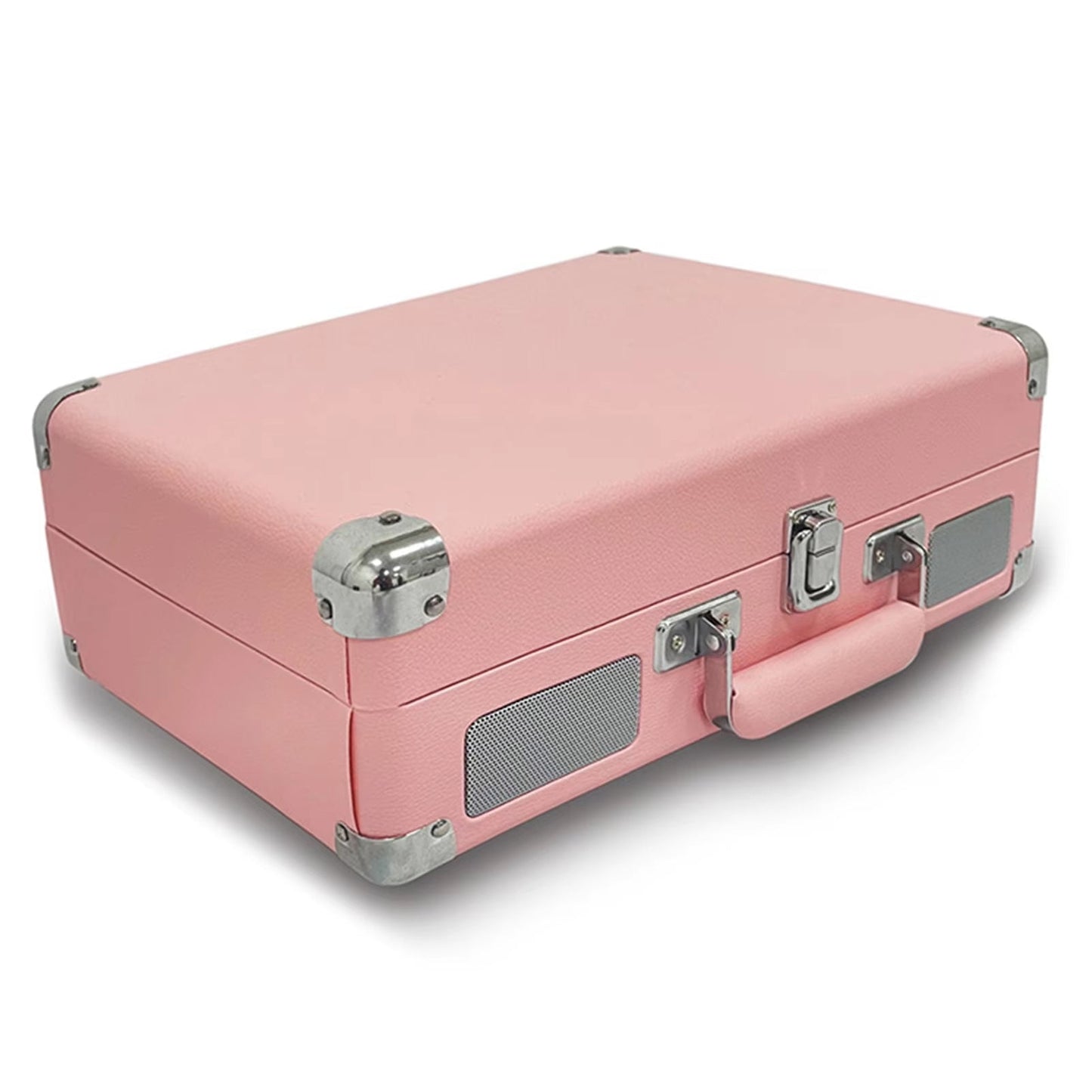 Pink Vinixora Record Player suitcase with silver corners and locks on a white background