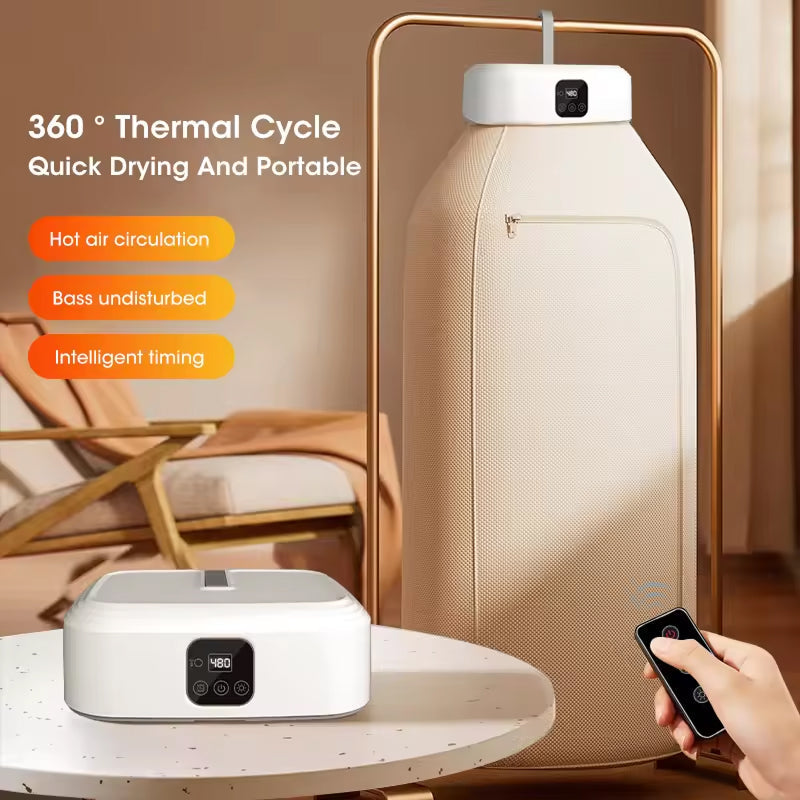 Portable DryTekco Foldable Dryer with remote control in a home setting