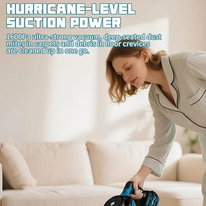 Woman using a BloTixo Wet & Dry Vacuum on a couch with text about hurricane-level suction power.