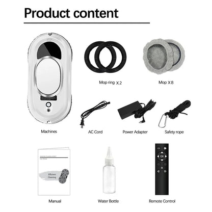 List of product components including machines, map rings, AC cord, power adapter, safety rope, manual, water bottle, and remote control on a white background.