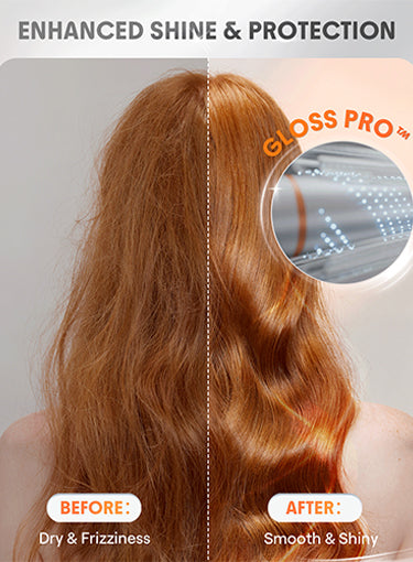 Comparison of dry and frizzy hair before and smooth and shiny hair after using Kalvori Hair Curler, with close-up of hair texture.