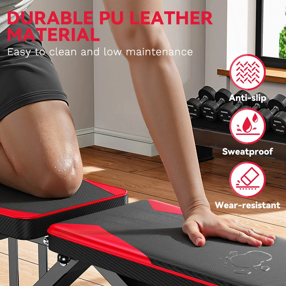 Person using a adjustable workout Plianx Adjustable Weight Bench with durable PU leather material, shown indoors.