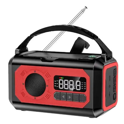 Black and red EmexRadi Emergency Radio with digital display on a white background
