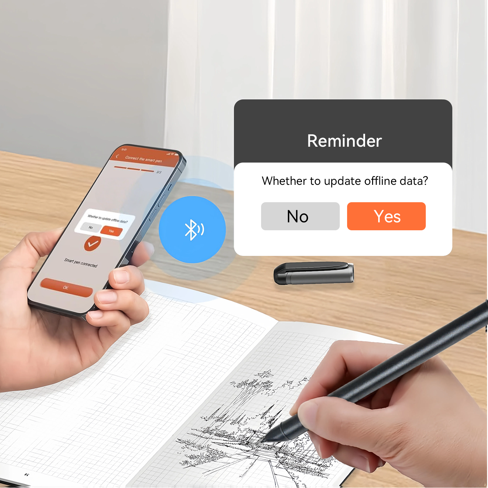 Person using a smartphone with a Bluetooth icon and a pen on a desk, with a reminder dialog box.