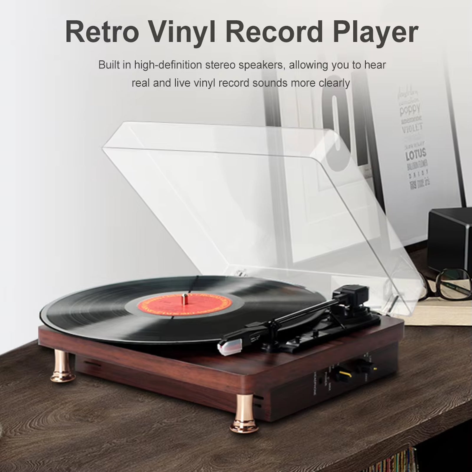 Retro MelooDisc Record Player on a wooden surface with text about high-definition stereo speakers.