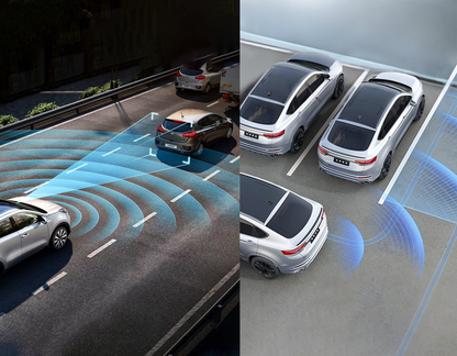 Two images showing autonomous cars with sensor networks on a road and in a parking lot.