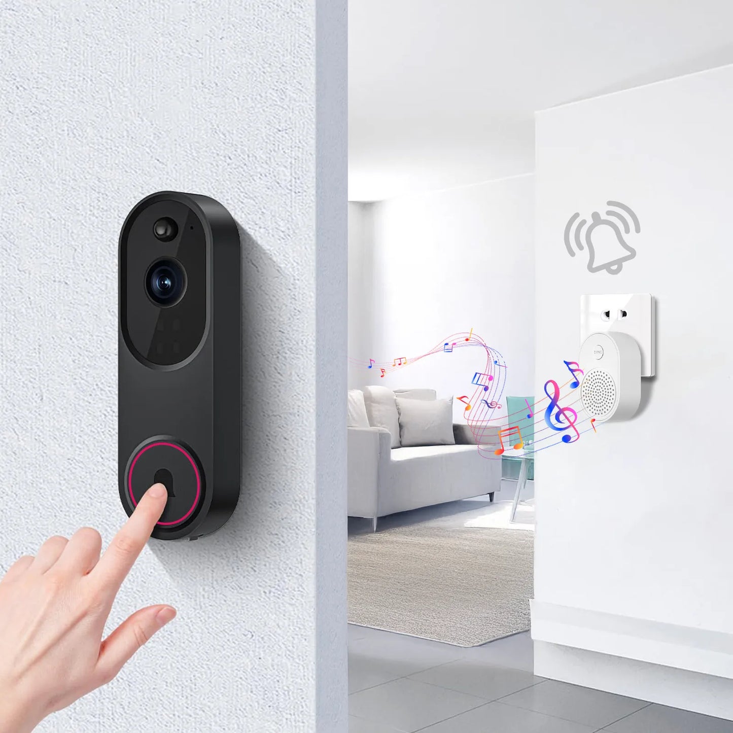 Optinexo Doorbell Camera with hand pressing button, interior room in background