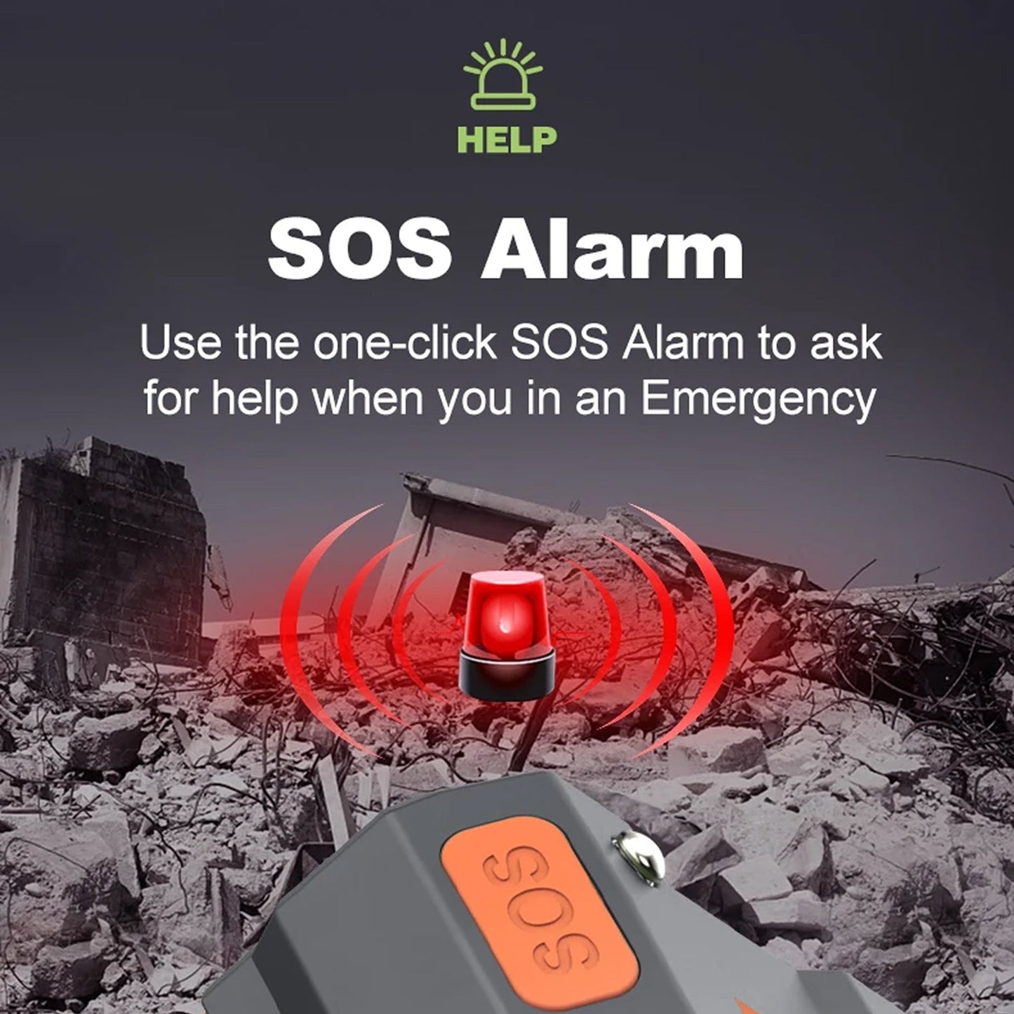 SOS alarm device with a red light on a background of rubble, indicating an emergency situation.