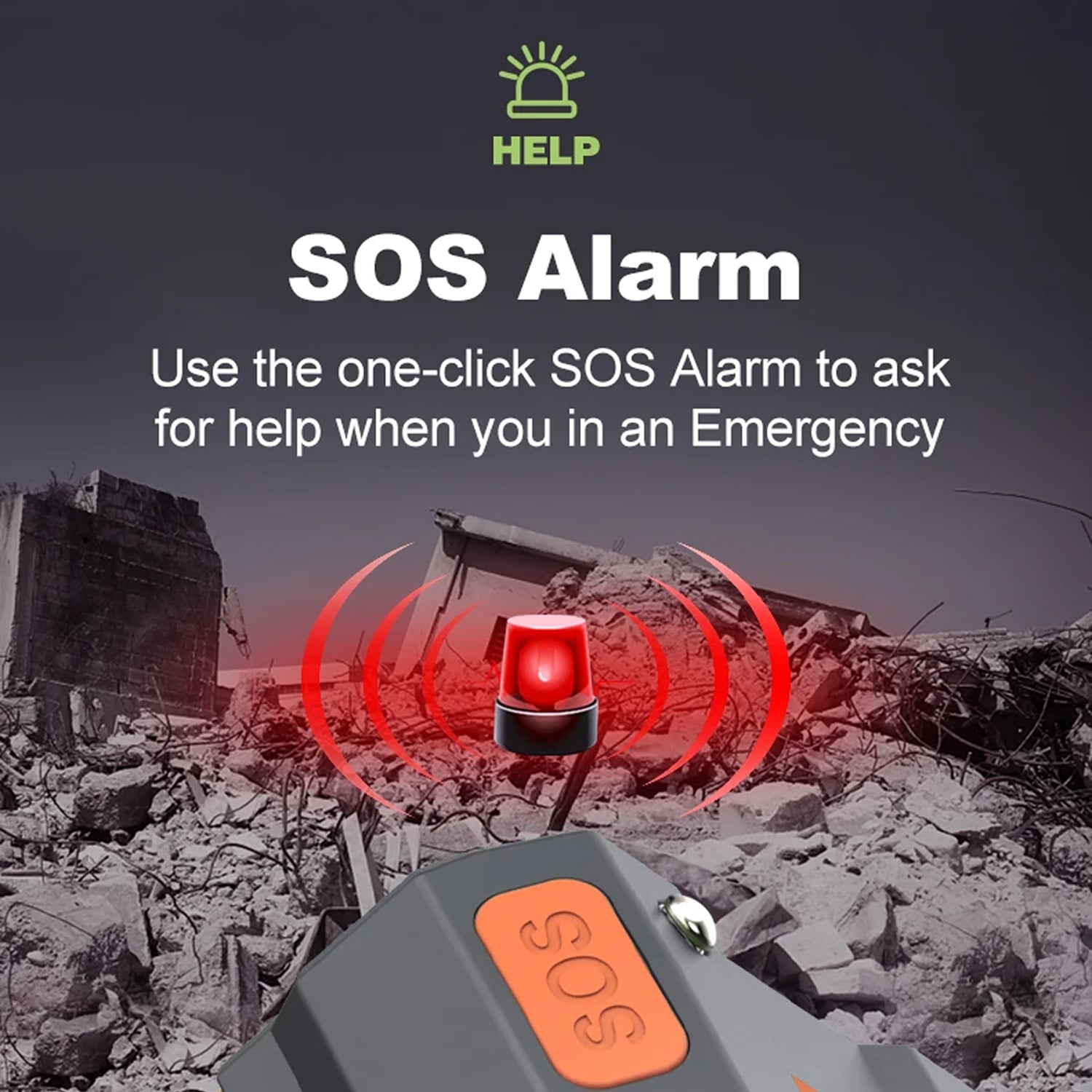 SOS alarm device with a red light on a background of rubble, indicating an emergency situation.