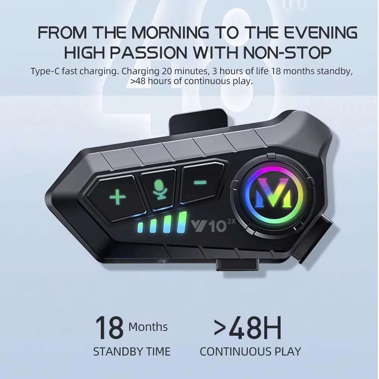 VoxiRide Motorcycle Intercom with colorful display on a light blue background