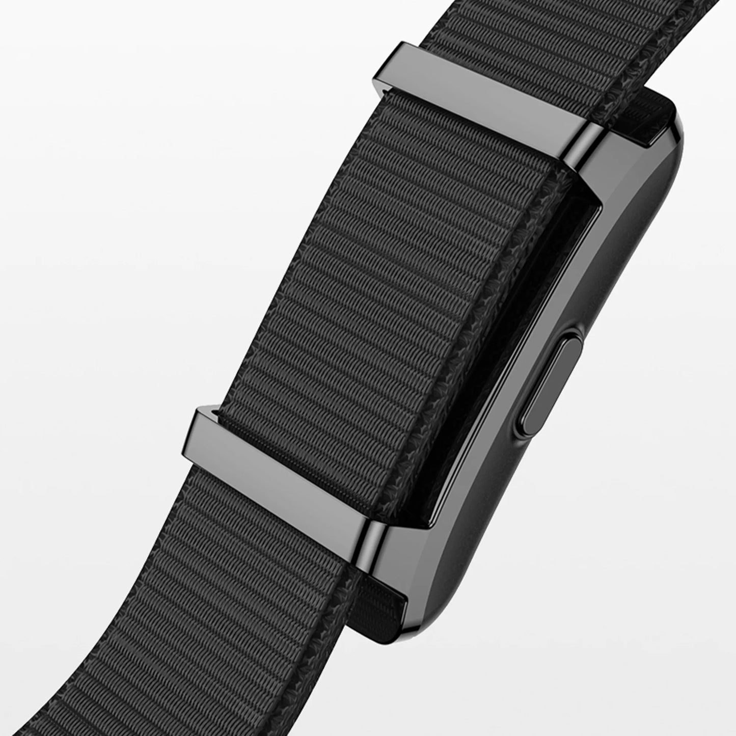 Close-up of a black Ironis Health Tracker Smart Band strap with metal buckle on a light gray background
