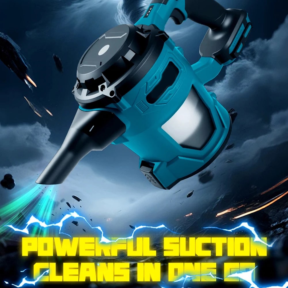 Blue BloTixo Wet & Dry Vacuum with dynamic background and text 'Powerful suction cleans in one go'.