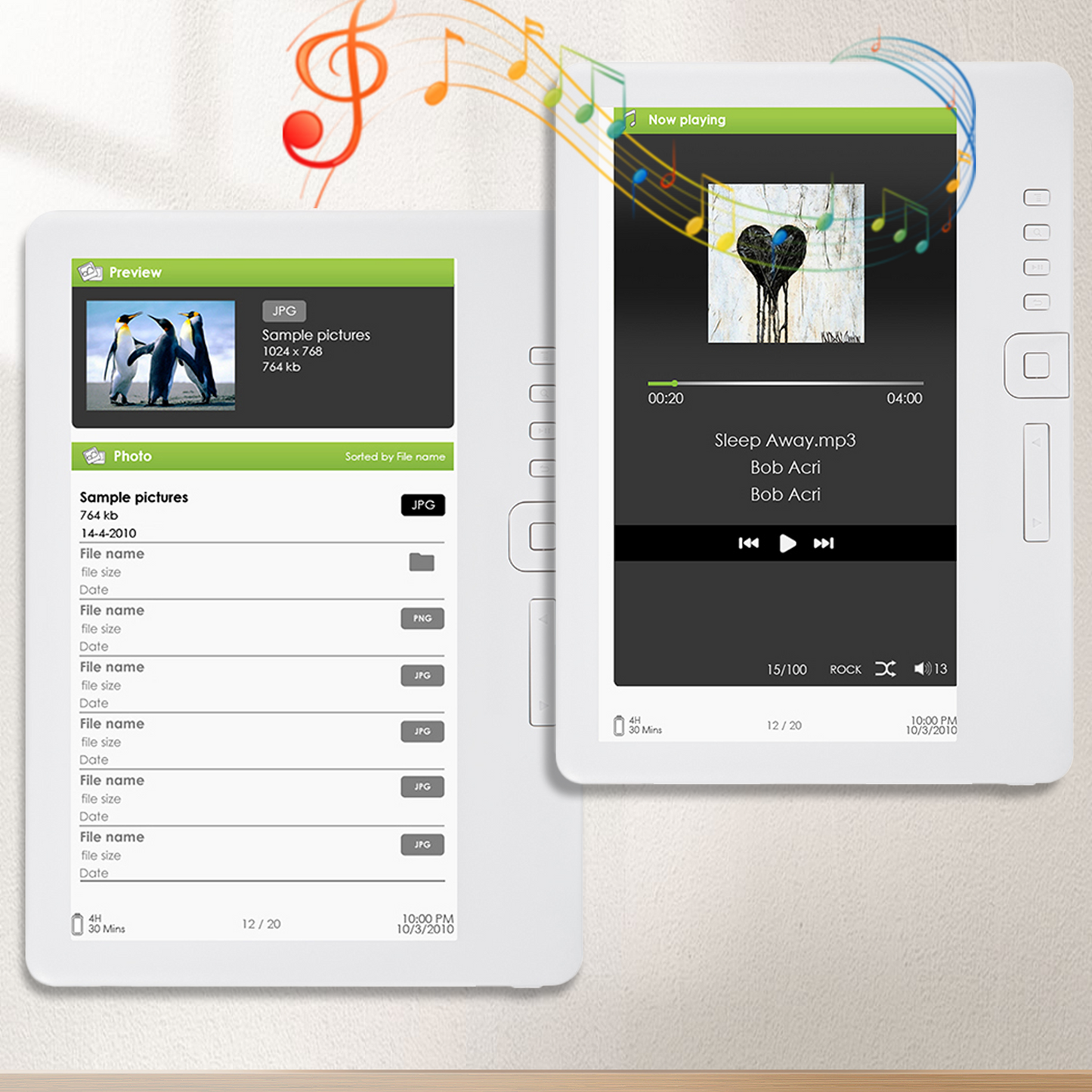 Two Klarity Portable Ebook Readers side by side, one showing a photo gallery and the other playing music with a heart icon.