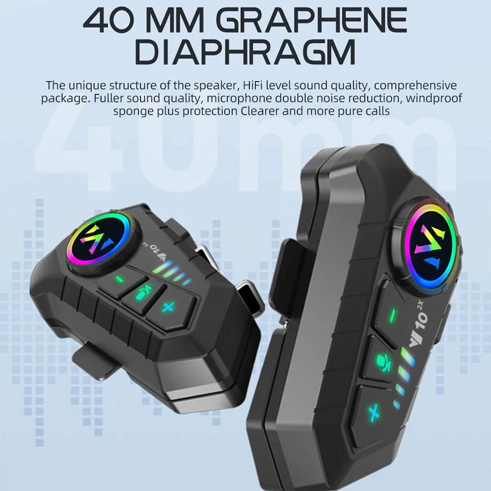 Pair of black Bluetooth VoxiRide Motorcycle Intercom with colorful display on a light blue background