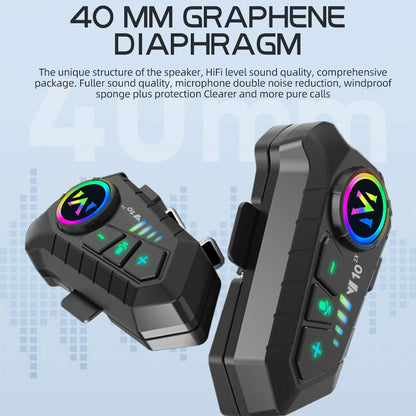 Pair of black Bluetooth VoxiRide Motorcycle Intercom with colorful display on a light blue background