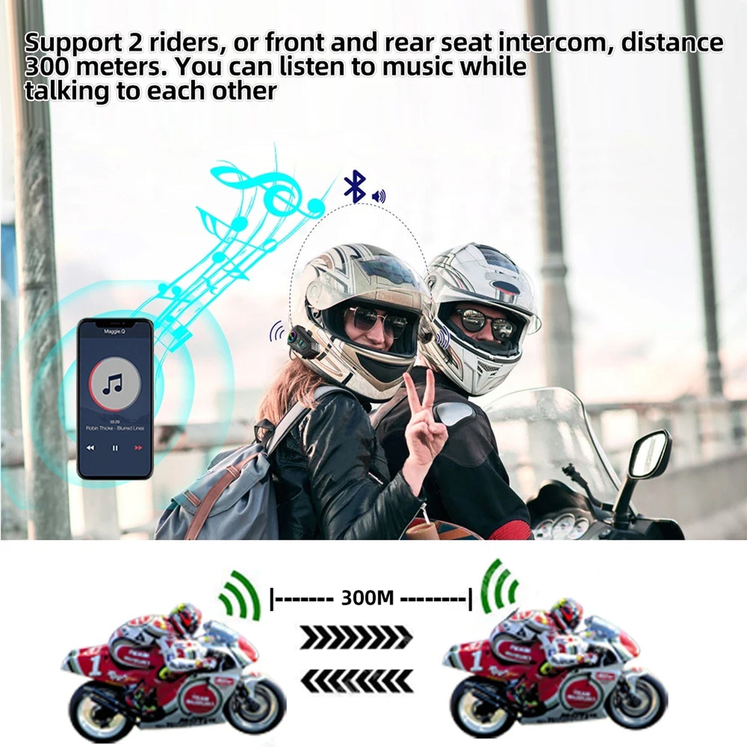 Two people wearing motorcycle helmets with VoxiRide Motorcycle Intercom, smartphone app, and motorcycle illustration.