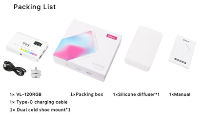 Packing list for Ulanzi VL120RGB LED Video Light including RGB light panel, USB Type-C charging cable, soft diffuser, cold shoe mount, and user manual
