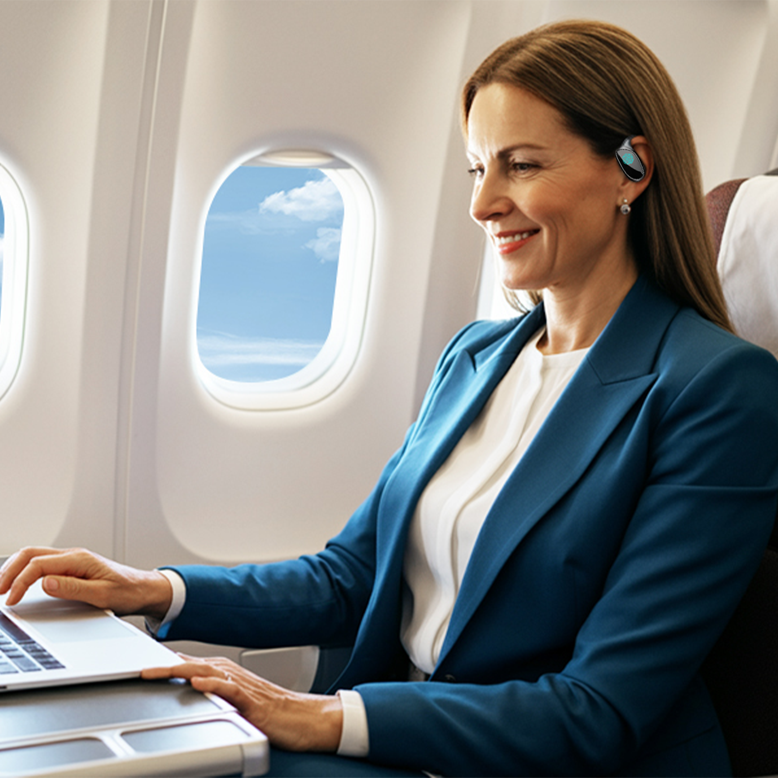 Woman in a blue blazer using a laptop on an airplane with a window view.