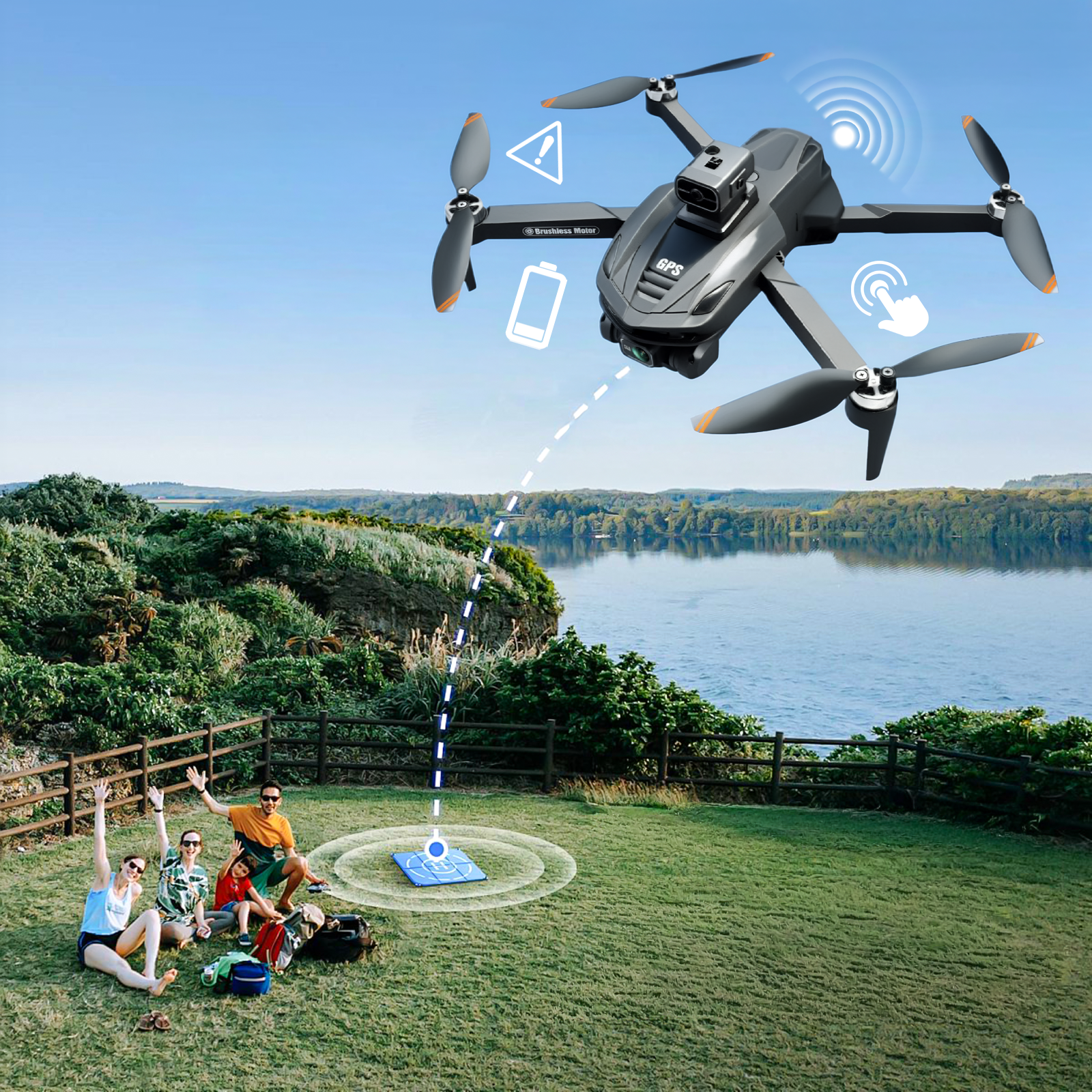 Valis Drone flying over a scenic landscape with people on the ground