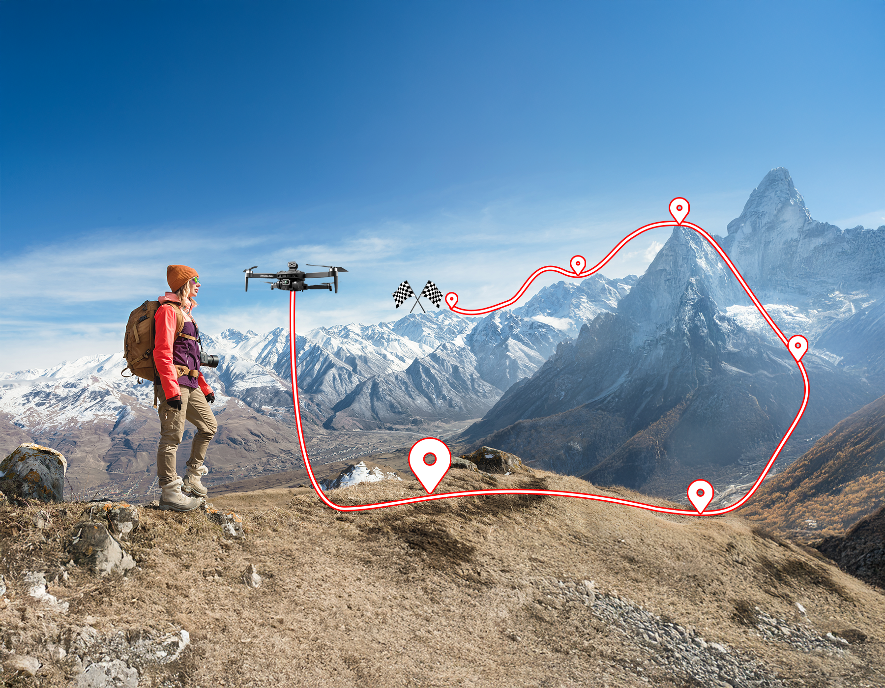 Person with a valis drone with camera on a mountain top with a route marked on a clear day