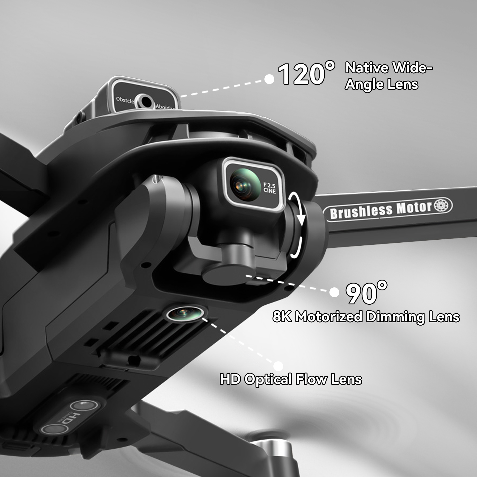 valis gps drone with camera lens system with labeled features on a gray background
