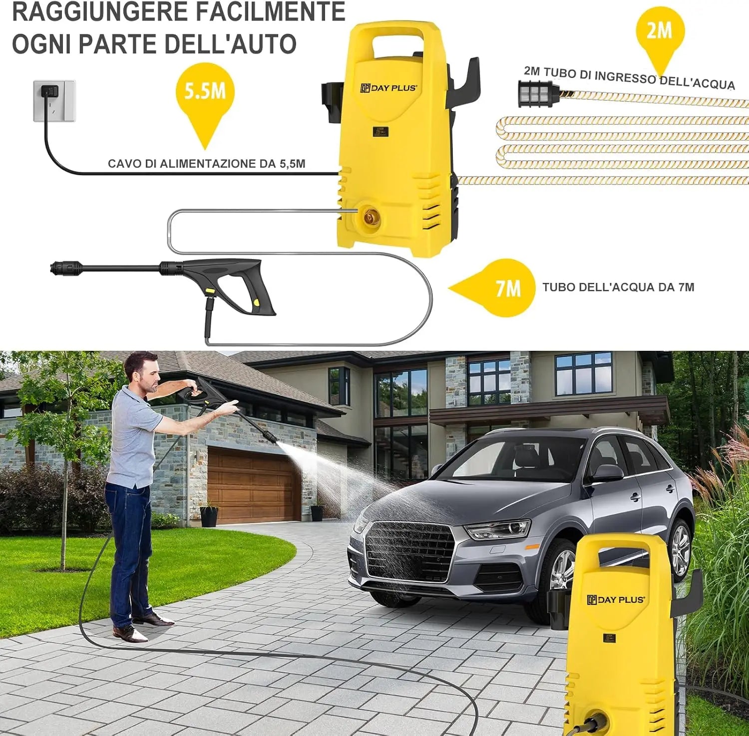 Pressure washer with hose and nozzle being used to clean a car, with text in Italian on a white background.