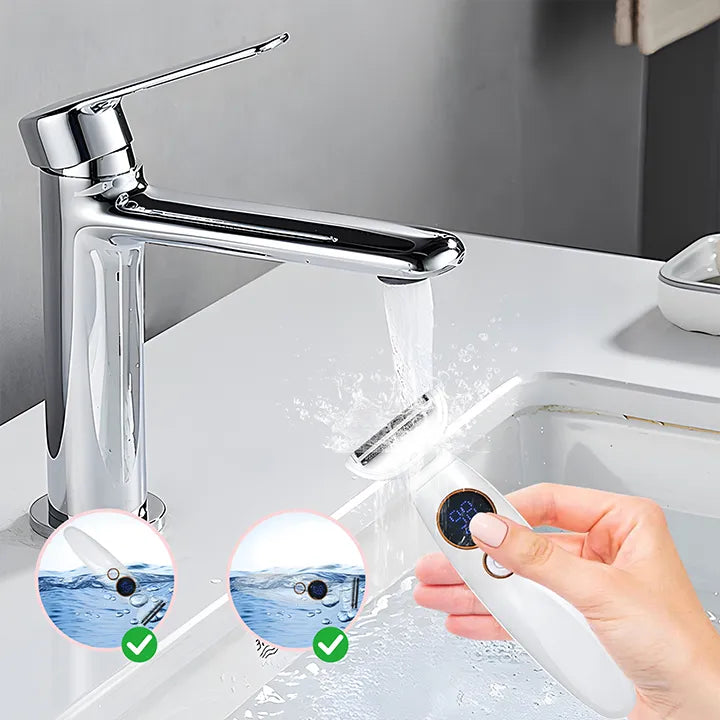 Chrome faucet with water flowing into a sink, hand holding a white device with digital display, and close-up insets showing water quality.