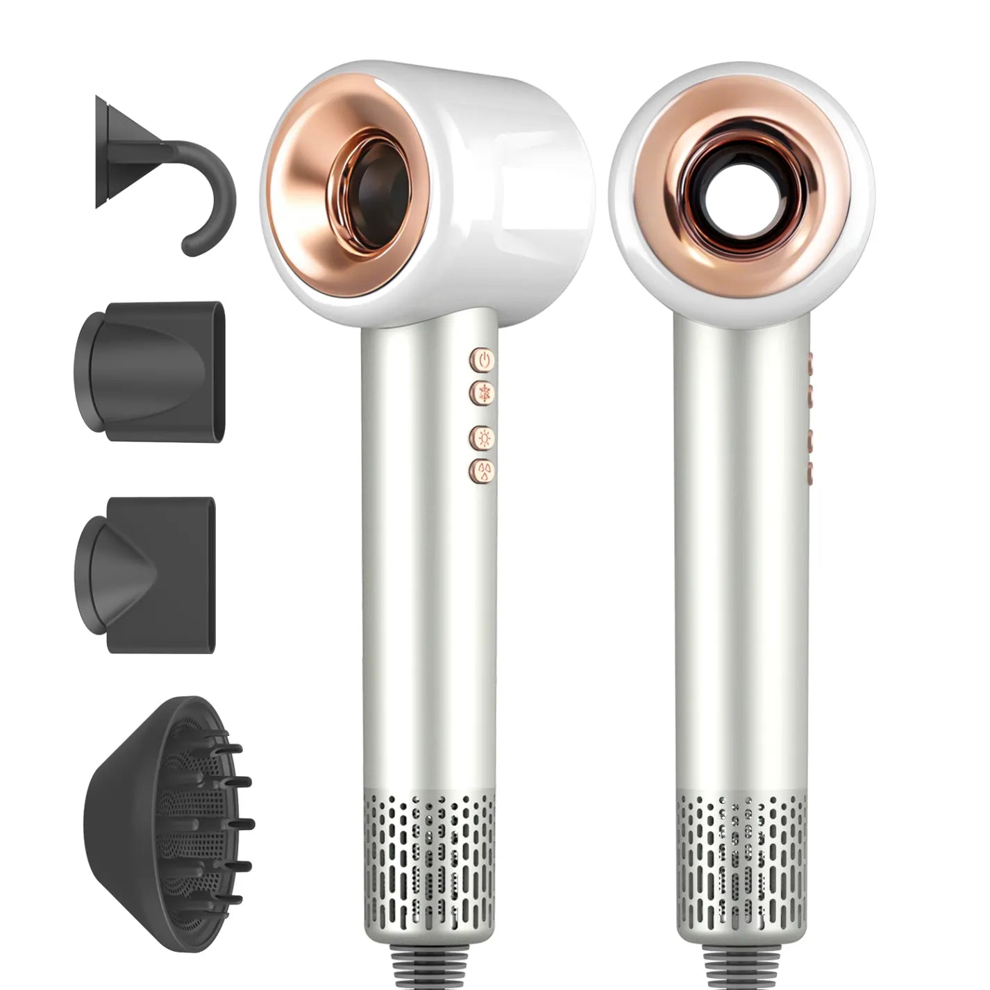 White and rose gold Aeqis Hairdryer with attachments on a white background