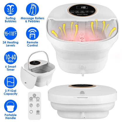 White FotixBath Foot Bath with massage rollers, remote control, and various features displayed.