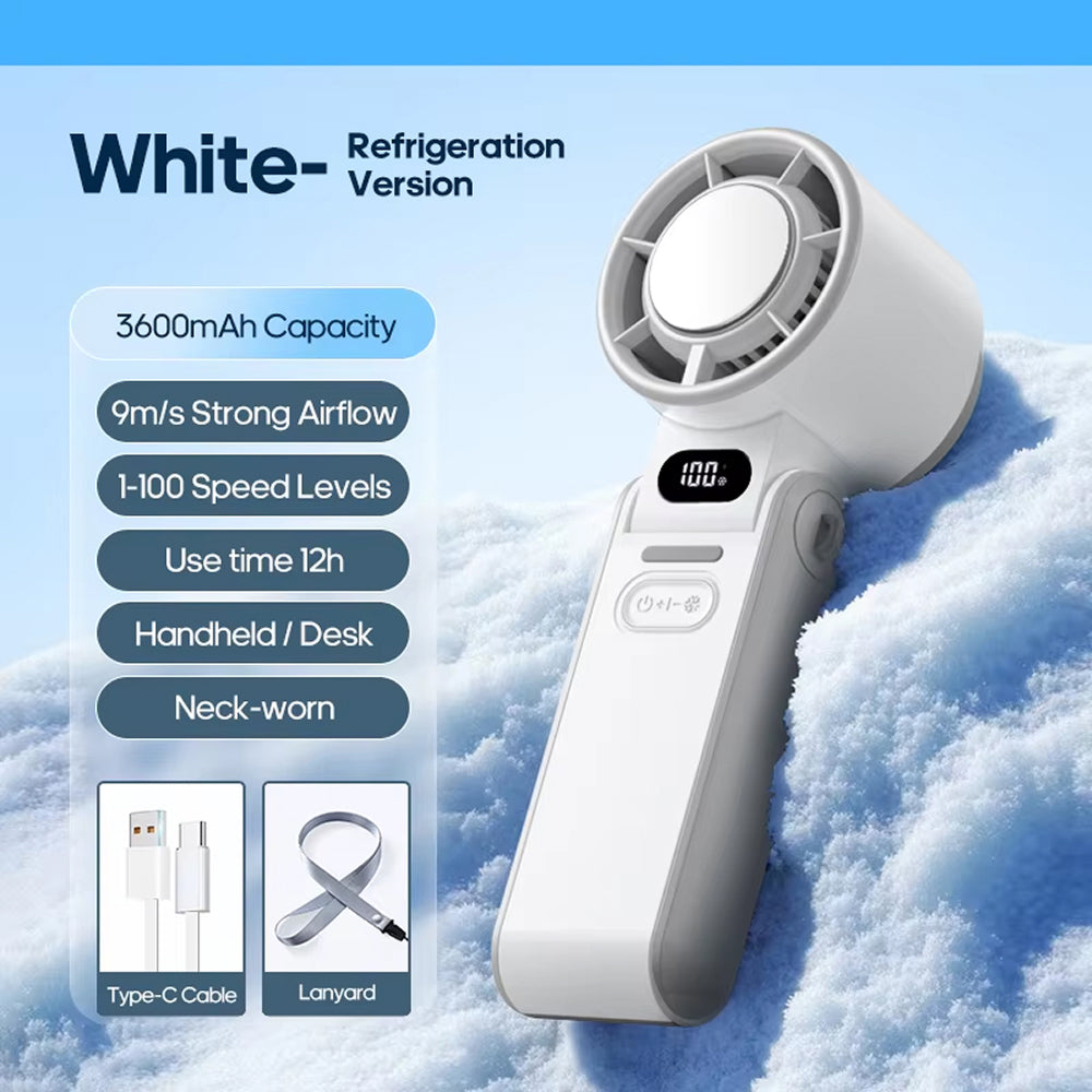 white FrostoeByte Handheld Turbo Fan with features listed on a snowy background, branded 'Kinscoter'.