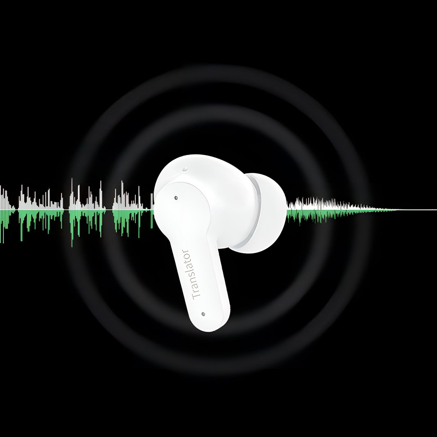White Keovy Translator Earbuds with a sound wave graphic on a black background