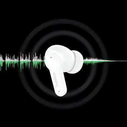 White Keovy Translator Earbuds with a sound wave graphic on a black background