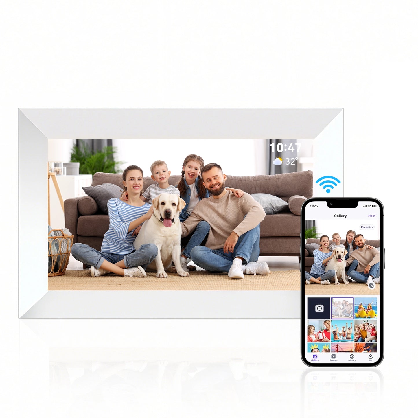 Klarity Digital Photo Frame displaying a family with a dog, connected to a smartphone app.